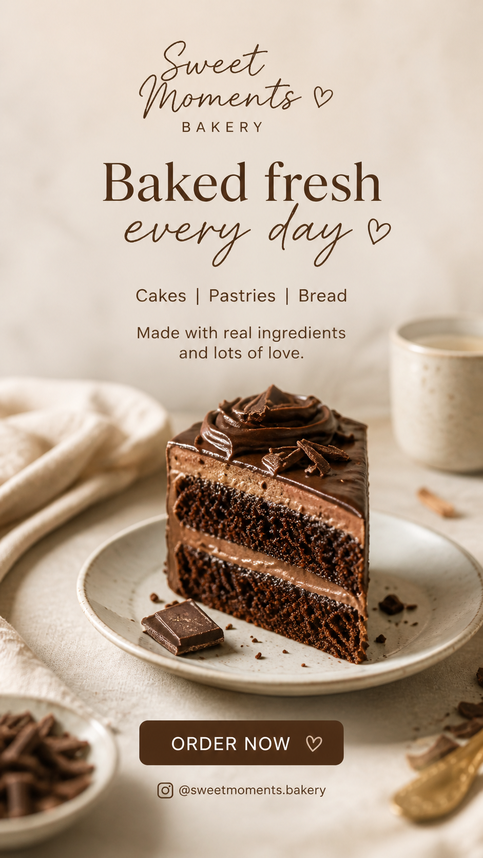 A chocolate layer cake with chocolate frosting and chocolate shavings on top, placed on a white plate with a small chocolate piece on the side. Behind the cake, there is a paper sign with the bakery's name 'Sweet Moments Bakery' and text about baked fresh every day, along with a cup and other baked goods.