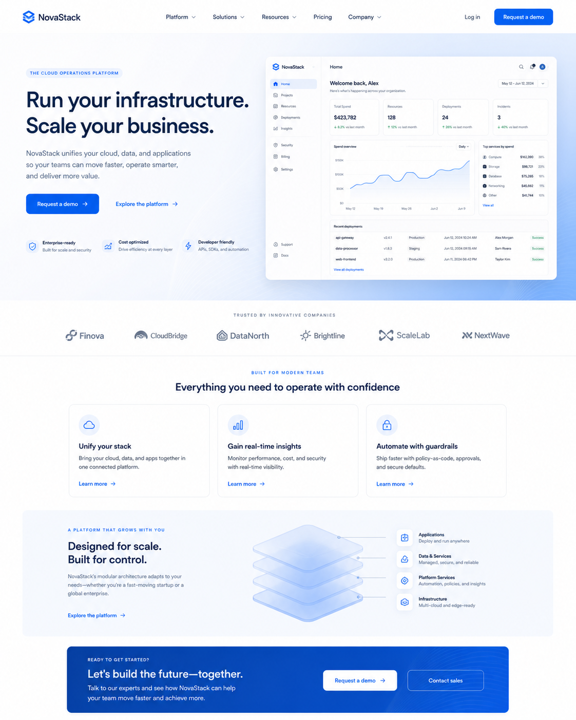 Homepage of NovaStack, a cloud operations platform, featuring navigation menu, call-to-action buttons, product summary, customer logos, and information about platform features.