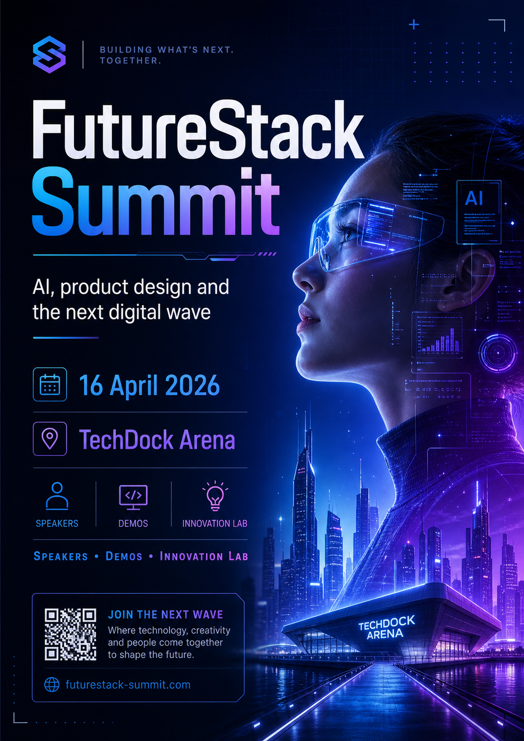 Digital flyer for FutureStack Summit, featuring a woman with augmented reality glasses, city skyline, and event details including date, location, and topics on AI and digital innovation.
