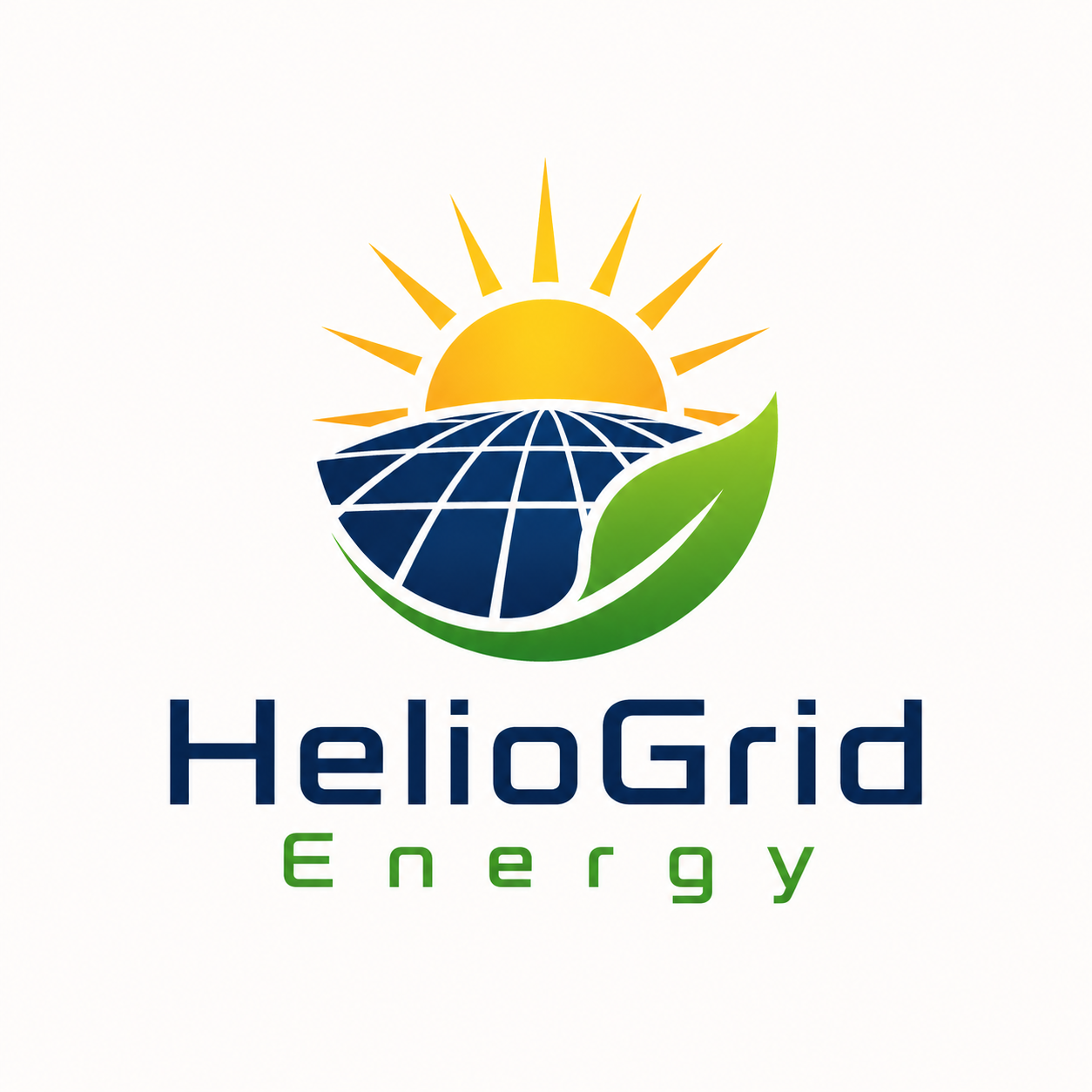 Logo of HeliGrid Energy featuring a solar panel, a sun, and a green leaf with the company name.