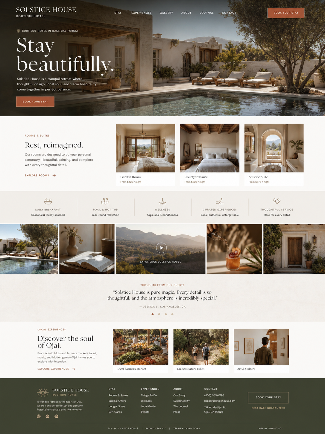 Webpage screenshot for Solstice House boutique hotel in Ojai, California, featuring a large outdoor pool, rooms and suites, amenities like breakfast, pool, wellness, experiences, guest reviews, and contact information.