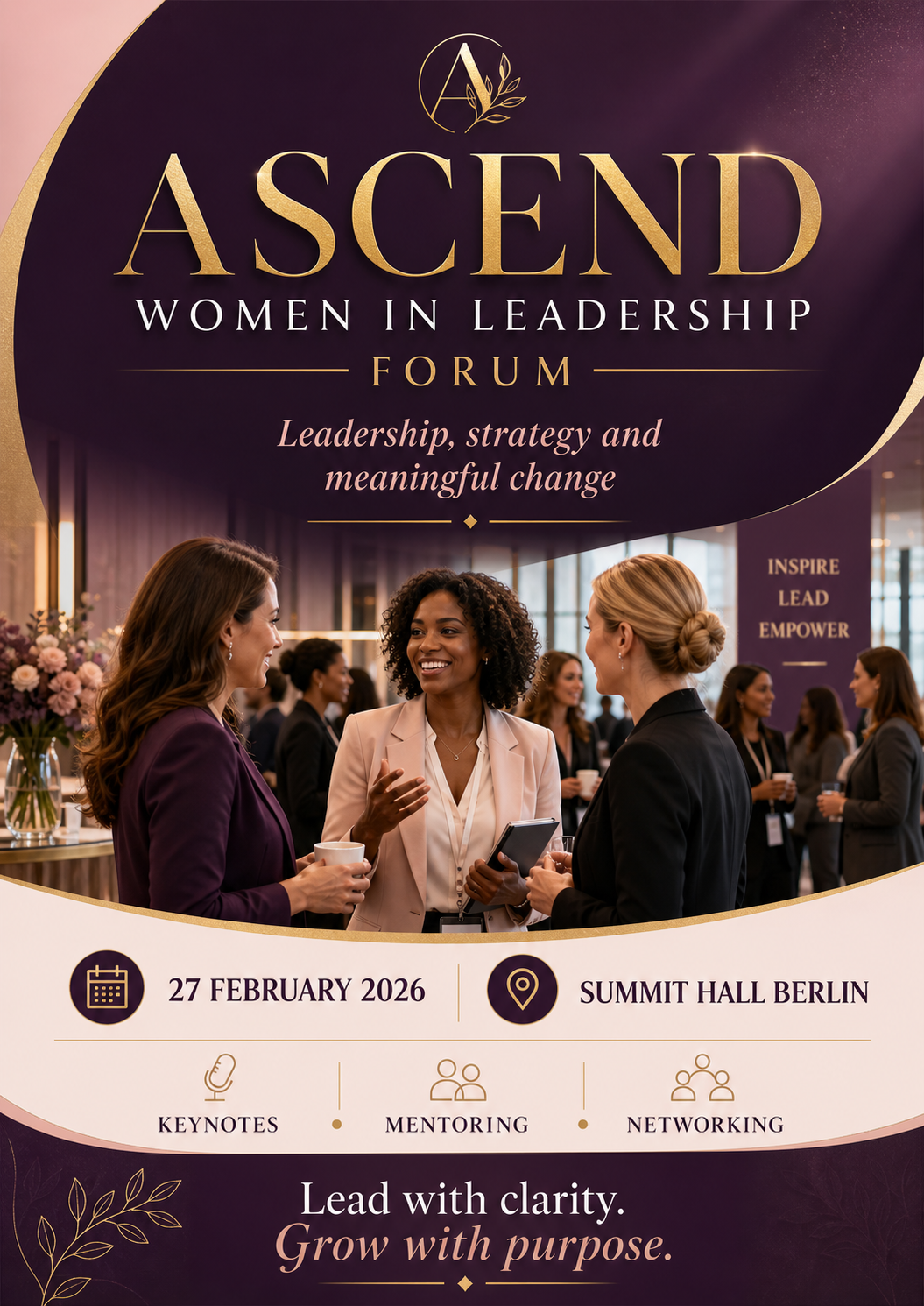 Promotional flyer for the Ascend Women in Leadership Forum on February 27, 2026, at Summit Hall Berlin. The flyer features a group of women engaging in conversation at the event with a purple and gold color scheme and inspiring words like 'Inspire, Lead, Empower.' The flyer highlights key activities such as keynote speeches, mentoring, and networking, with the slogan 'Lead with clarity. Grow with purpose.'.