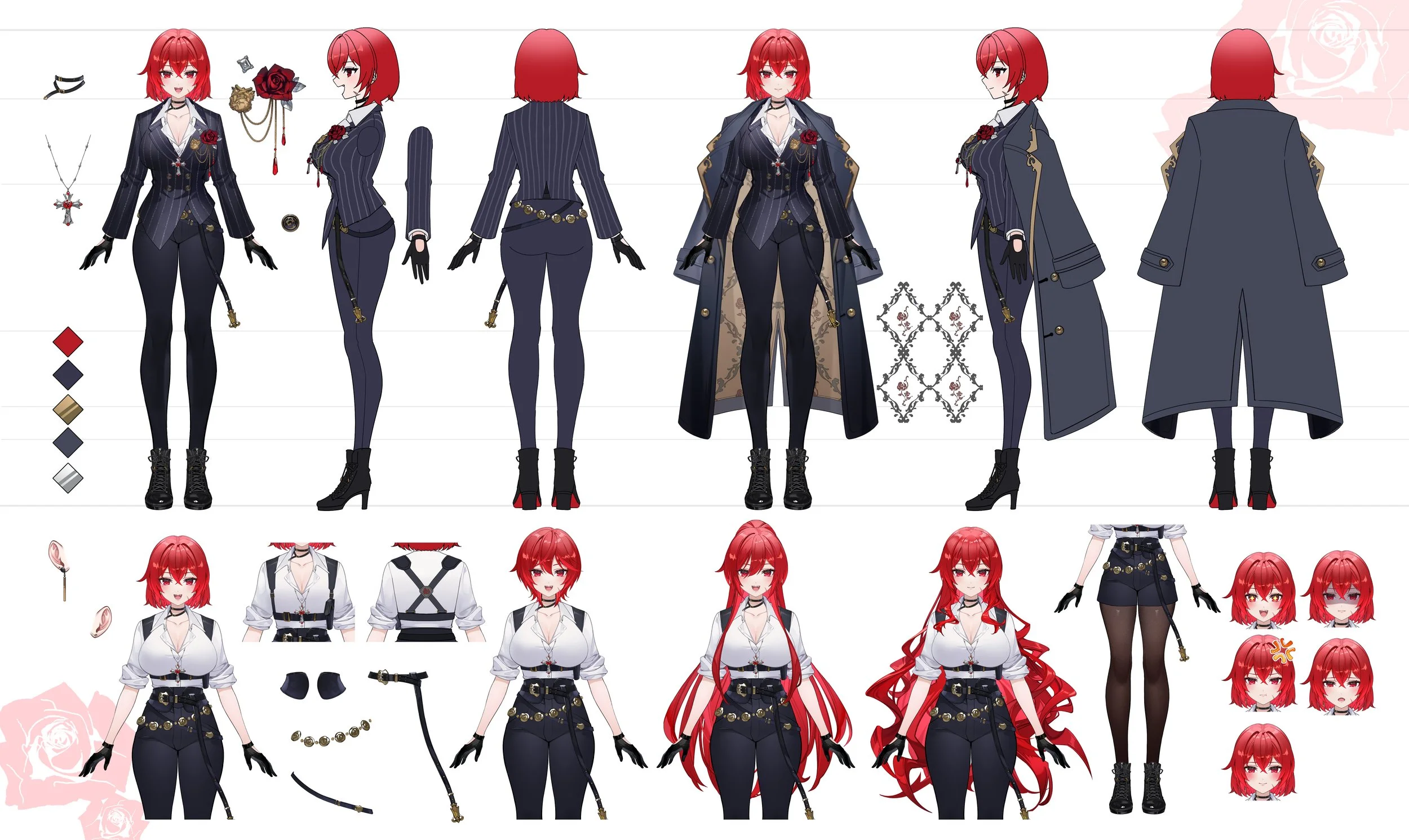 Design sheet of a female character with red hair, showing multiple angles and clothing options including a black pinstripe suit, white shirt with suspenders, and a long coat with floral interior lining.