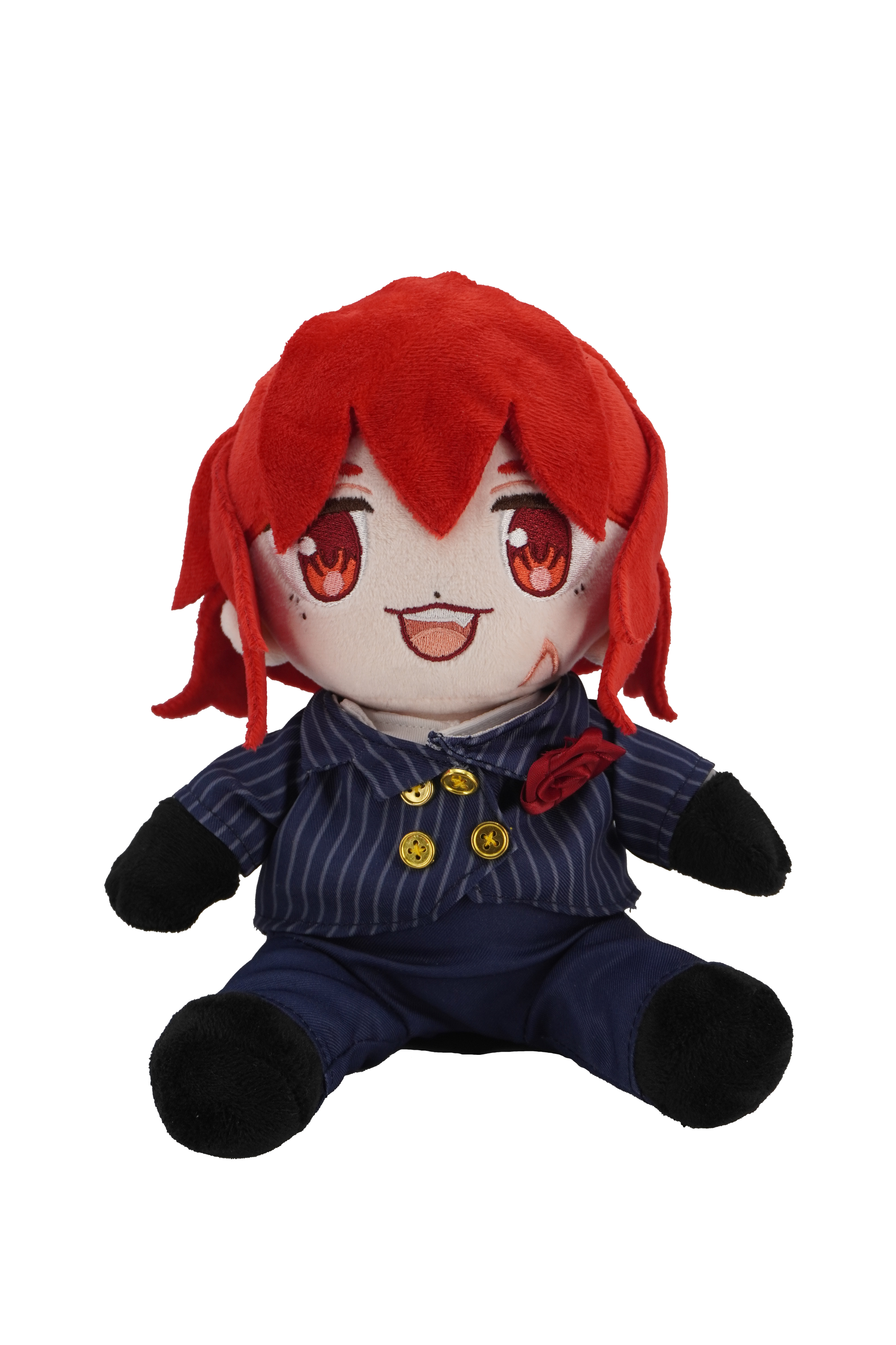 A plush doll with red hair, anime-style face, wearing a striped blazer, blue pants, and a red ribbon. The doll has a smiling expression.