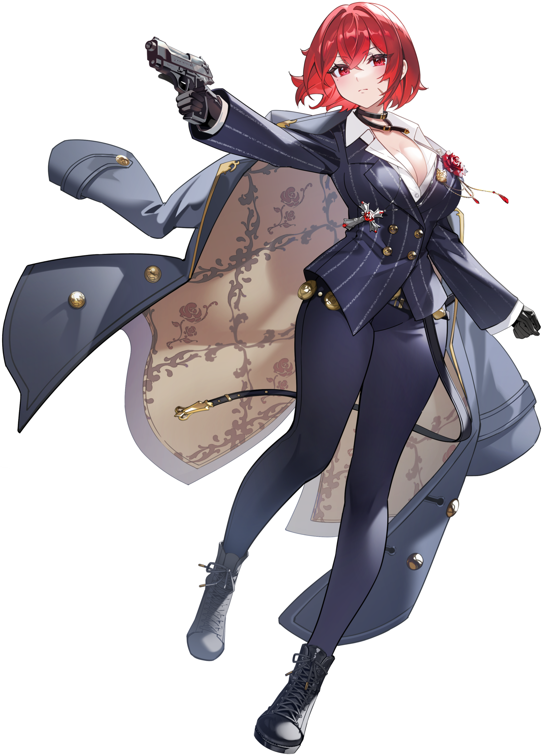 Capo Miyo VTuber character key art designed by m_n_c_r. Tomboy Italian Mafia Boss with red hair wearing a black pinstripe mafia-inspired outfit while holding a gun and guitar case.