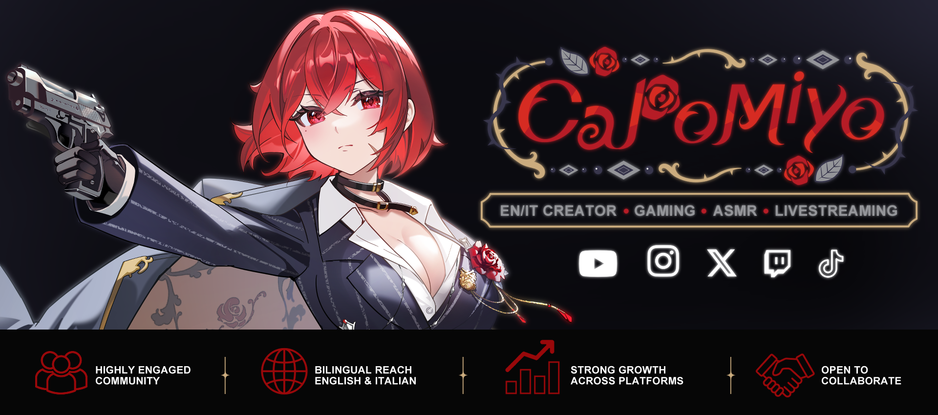 The image includes a fictional mafia-inspired anime woman with red hair and red eyes, characterized by the rose pin on her chest. The image includes a fancy red, silver and golden logo with the name "Capo Miyo". Mediakit, open to collaborations.