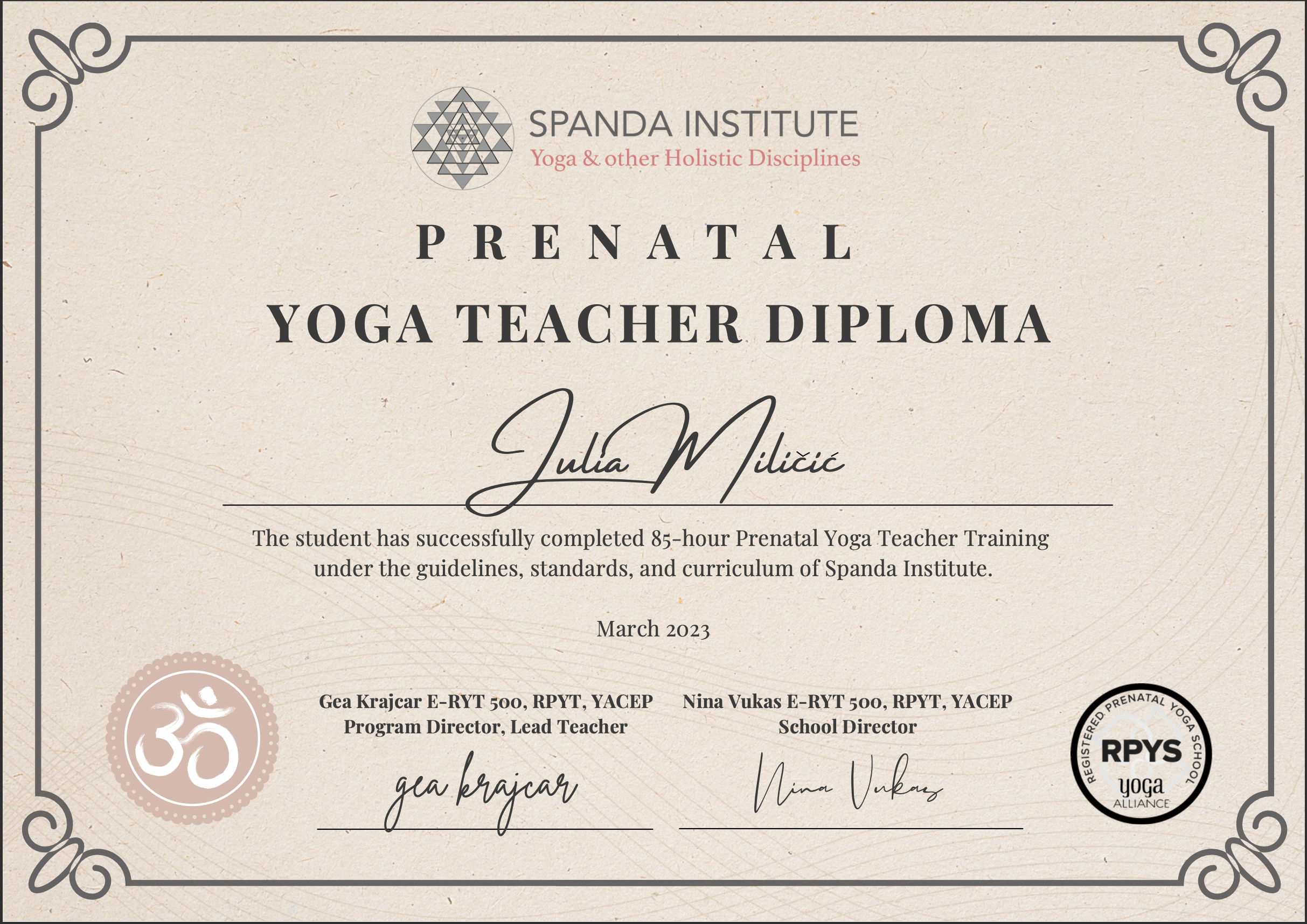 Prenatal and Postnatal Yoga Teacher Certification, Spanda Institute