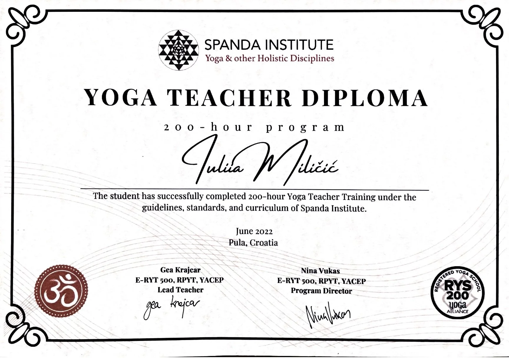 200-hour Yoga Teacher Training Certification, Spanda Institute