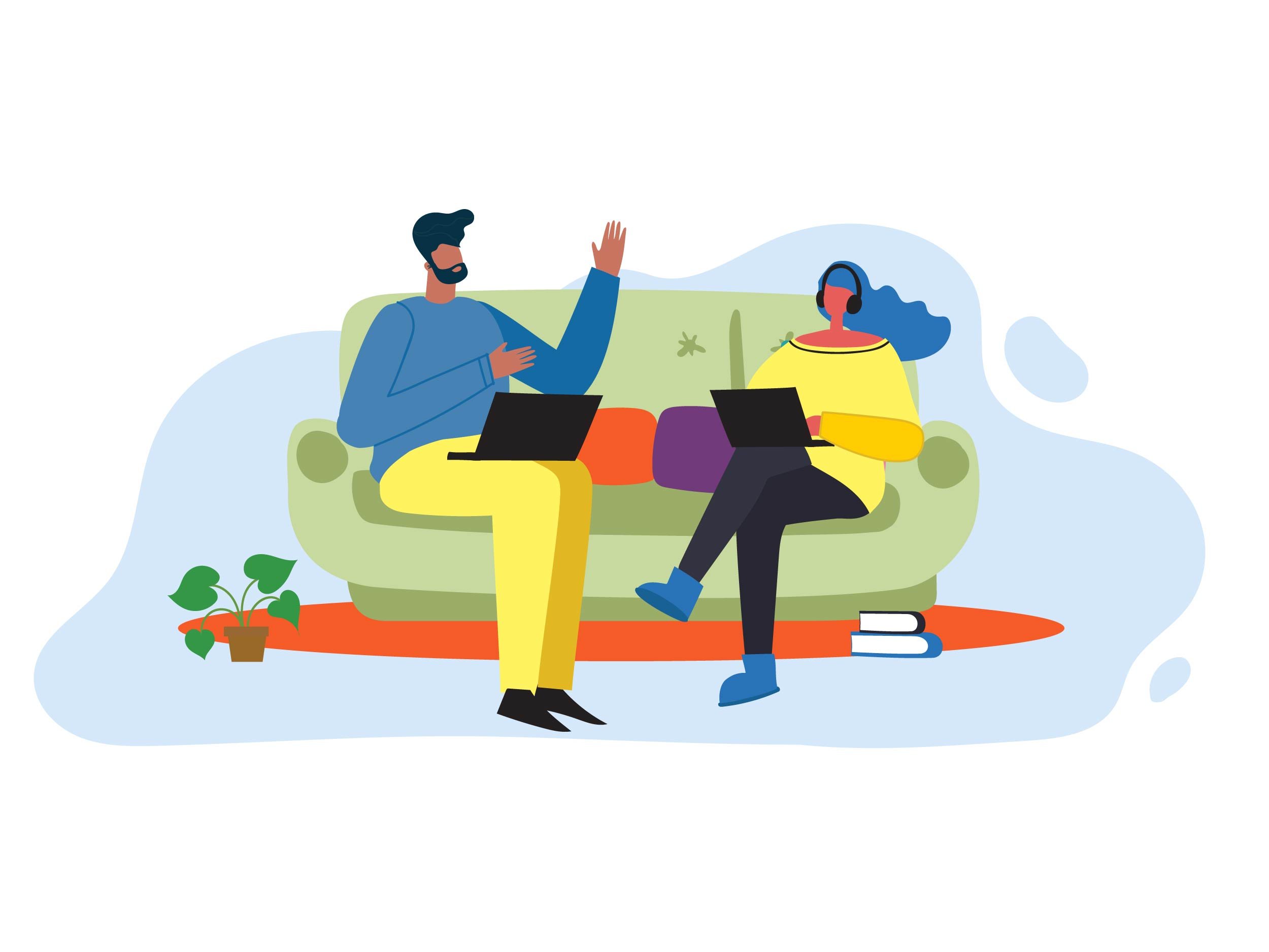 Illustration of two people sitting on a colorful couch, engaging in a conversation, with laptops, books, a potted plant, and a landscape background.