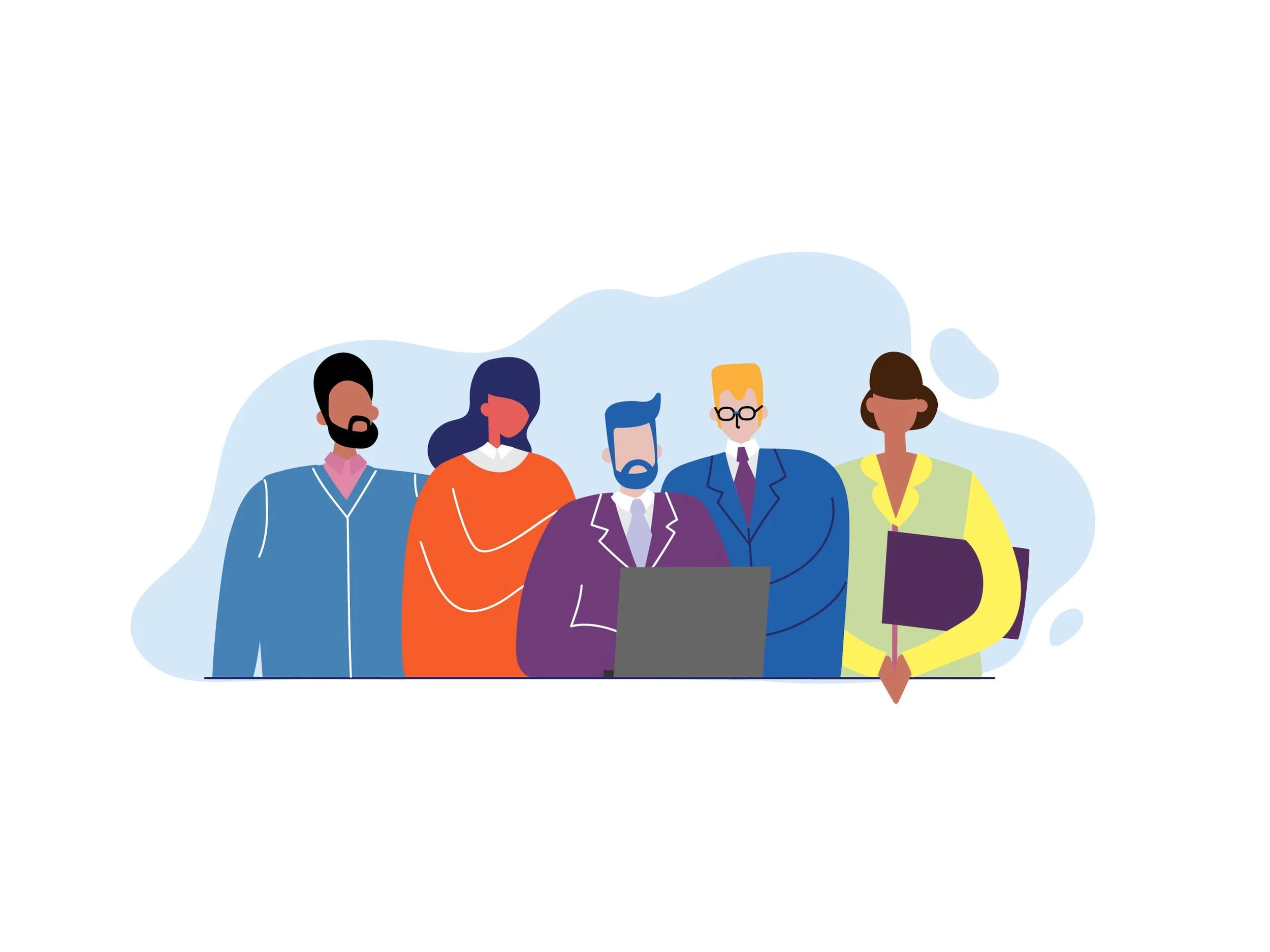 Illustration of diverse professionals standing together, some with laptops, against a blue abstract background.