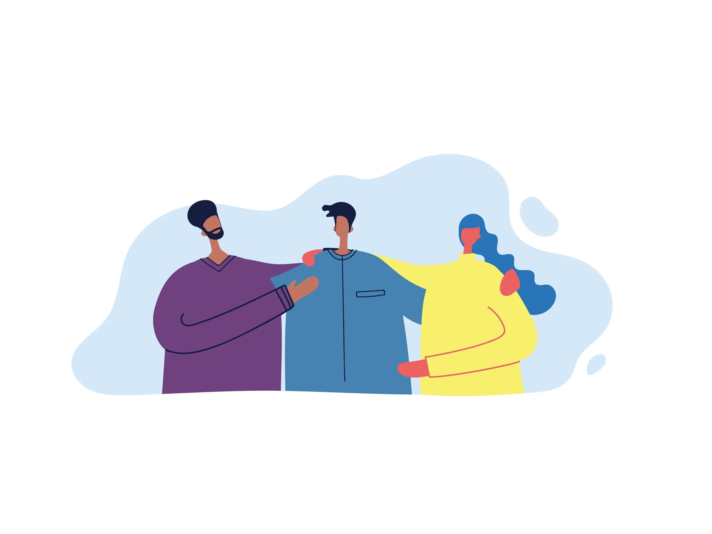 Illustration of three diverse people standing close together, with one in a yellow outfit, one in a blue outfit, and one in a purple outfit, against a light abstract background.