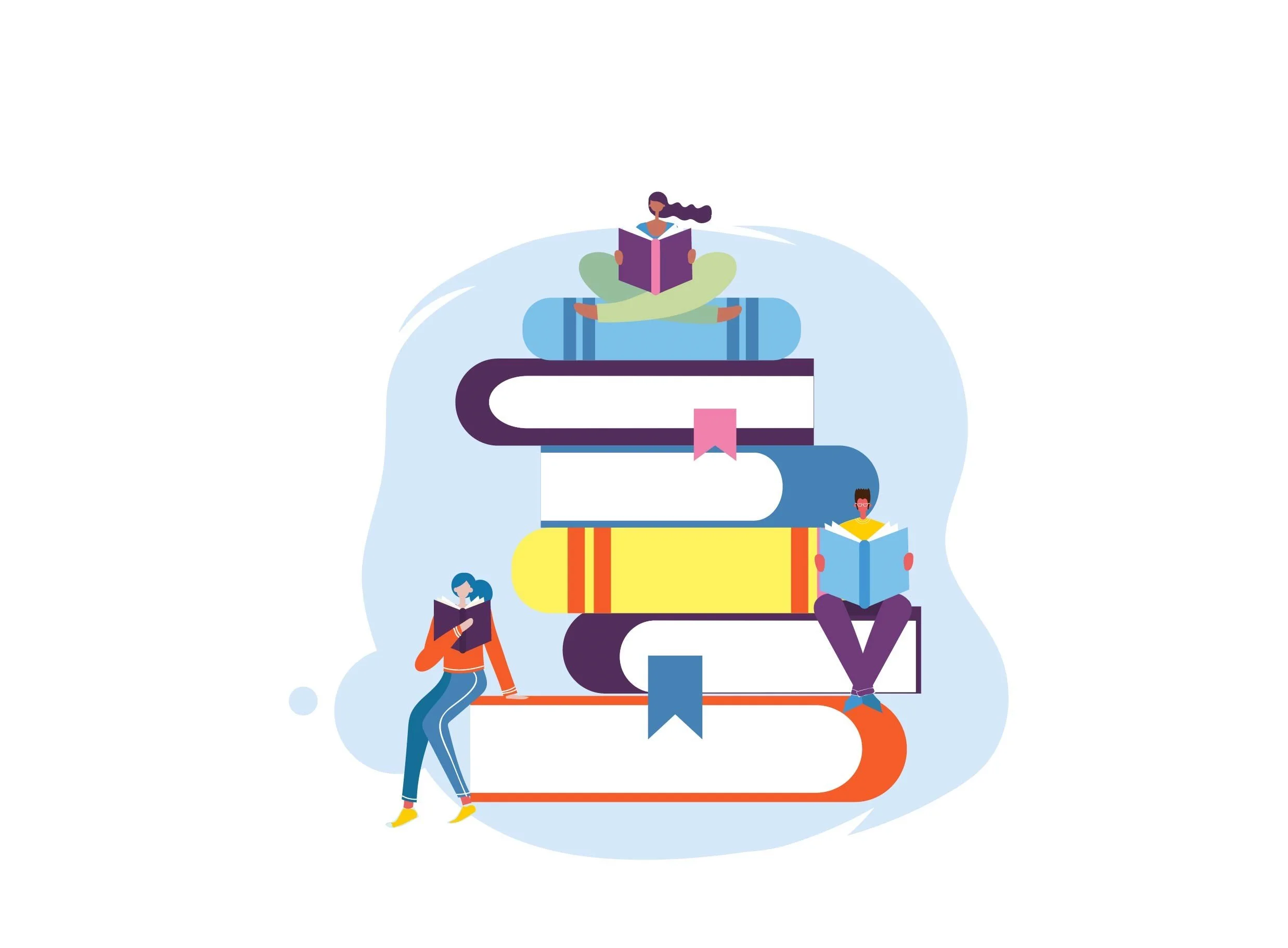 Illustration of people reading books and sitting on and around a stack of large books.