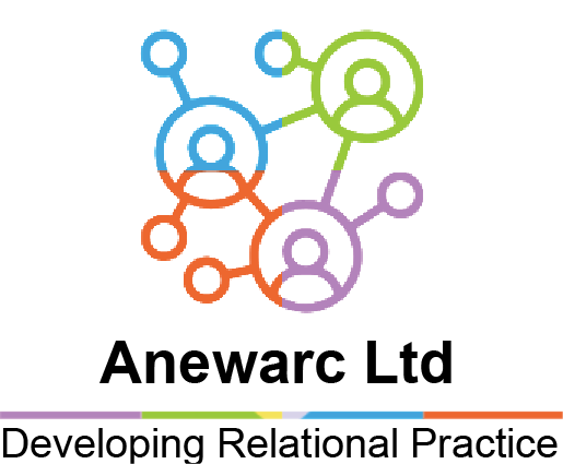 Illustration of interconnected people in different colors representing social connections or network.