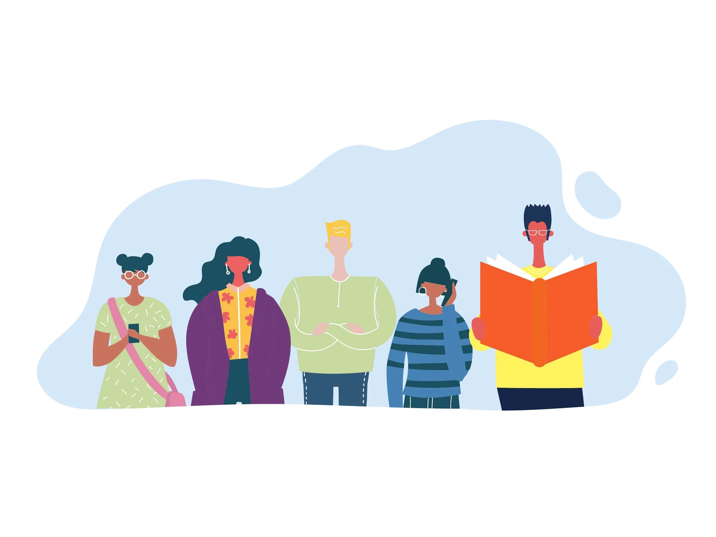 Illustration of diverse group of young people standing together, some holding phones or books, against a light blue abstract background.