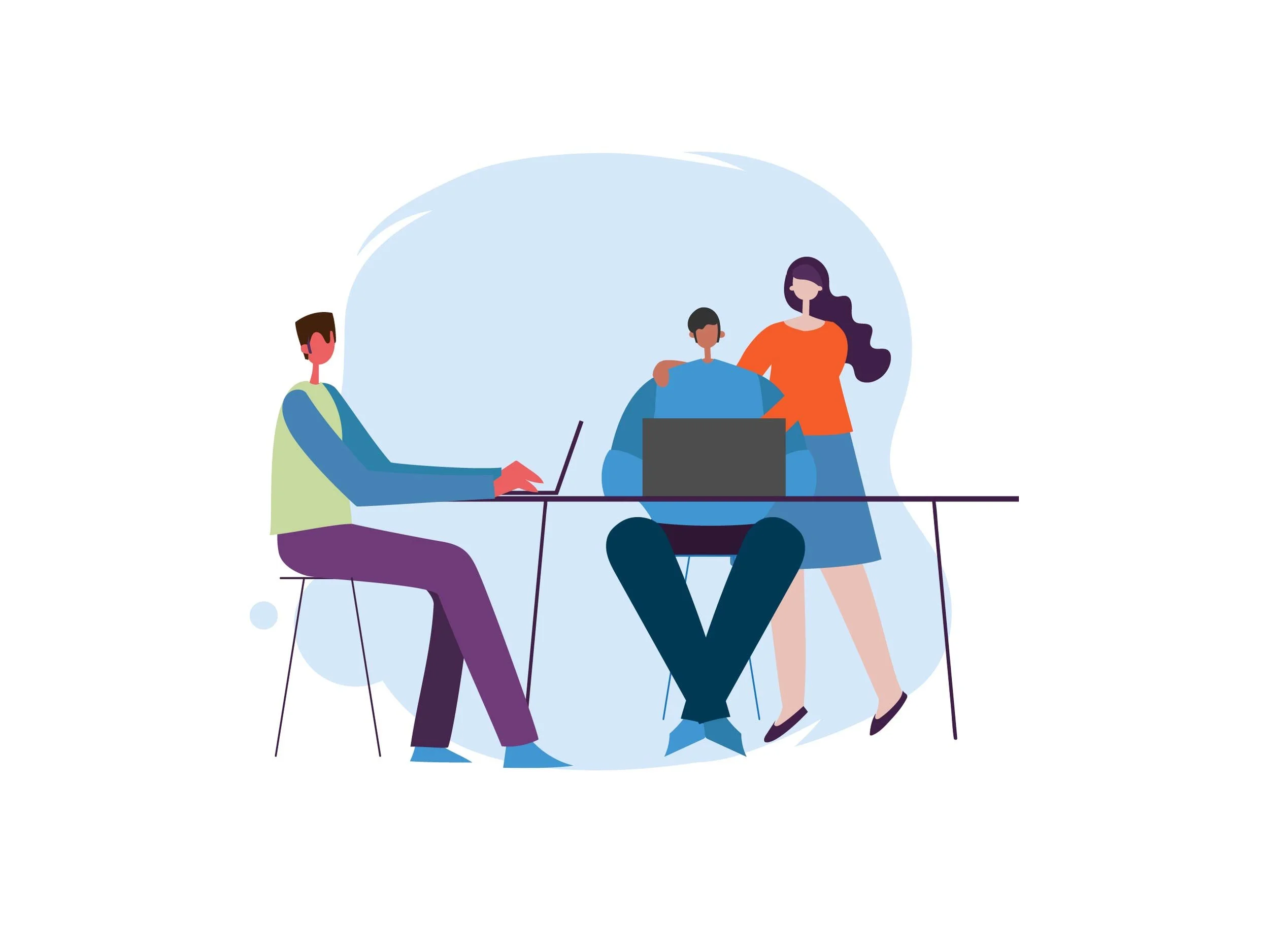 Illustration of three diverse people in a casual discussion around a table, one person working on a laptop, with a light blue background.
