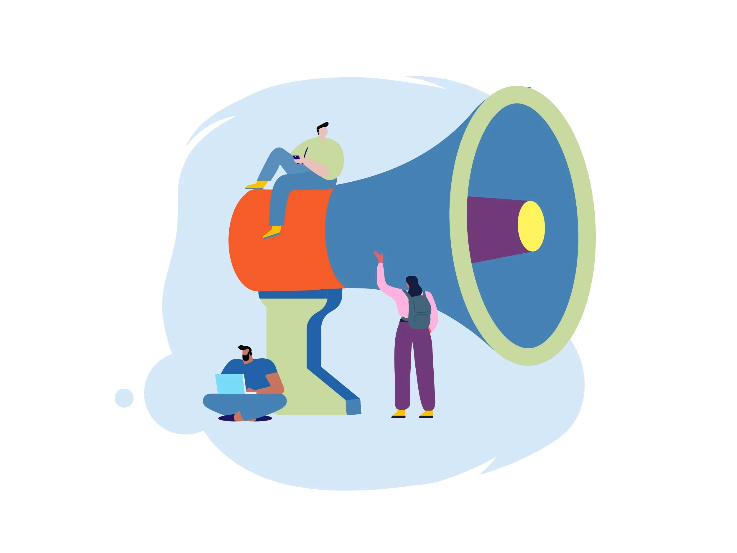 Illustration of a person sitting on a large camera lens with three other individuals around, one sitting on the viewer and using a laptop, another standing and talking, and the third reaching up towards the person on the lens. The scene has a light blue background.