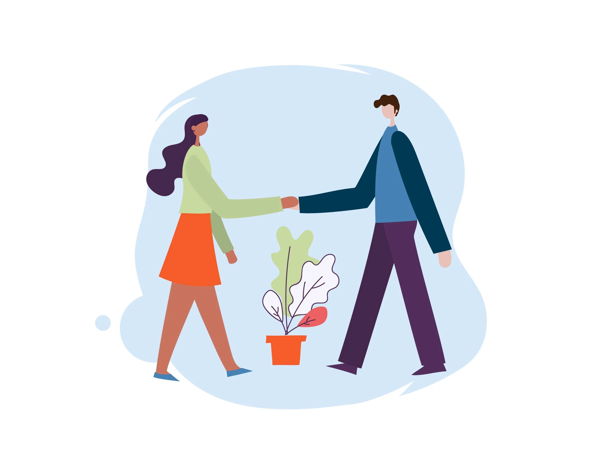 Two illustrated people shaking hands in front of a potted plant, with a light blue abstract background.