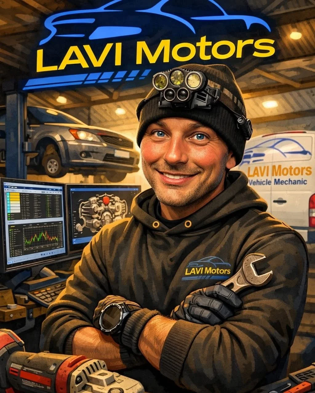 A smiling mechanic with blue eyes wearing a black headlamp, black gloves, and a LAVI Motors hoodie, standing in an auto repair shop with computer monitors displaying car diagnostics and a wrench in his arm. There are car posters and a vehicle lift in the background.