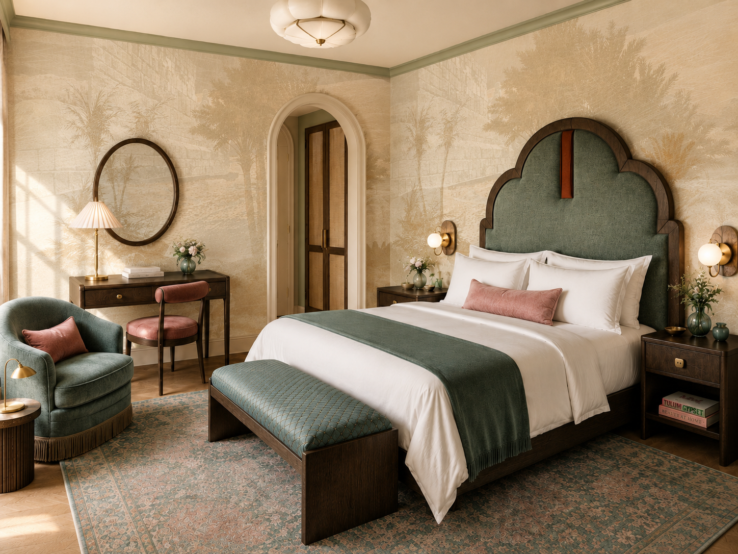 Chambre d'hôtel élégante avec un grand lit, tête de lit en tissu vert, lampe de chevet, rideaux, fauteuil vert avec coussin rose, table de chevet avec plantes, miroir rond, bureau avec lampe, chaise rose, et tapis complexe.