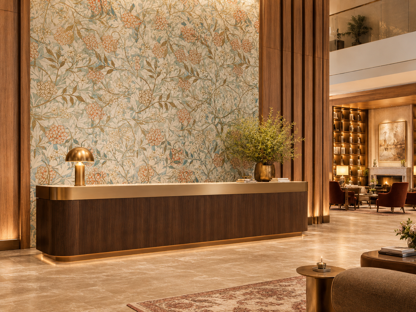 Un hall d'hôtel élégant avec un comptoir en bois foncé, une plante en pot bronze, et un lampadaire en or. En arrière-plan, une salle de séjour chaleureuse avec des fauteuils rouges, des lampes, des étagères lumineuses et un tableau mural.