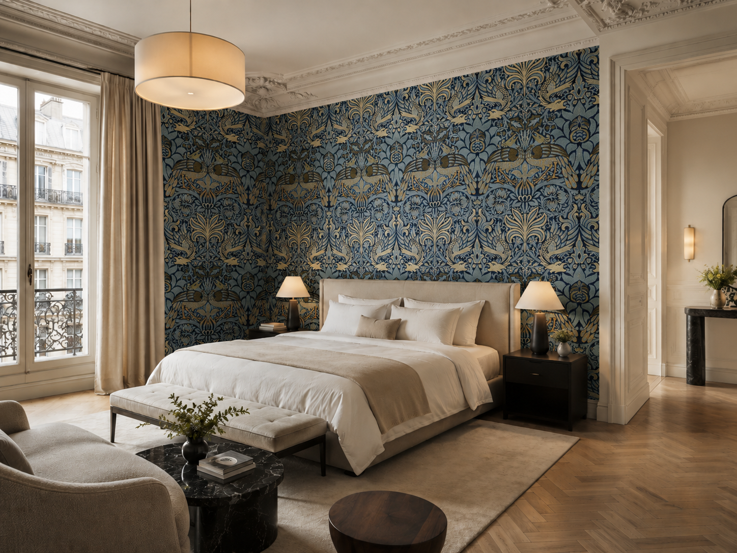 Une chambre d'hôtel élégante avec un grand lit, deux lampes de chevet, un tapis beige, un fauteuil beige, une table en marbre noir avec des livres et une plante verte, une fenêtre avec rideaux beiges, un mur en papier peint bleu et doré avec un motif floral et animal, et des murs en blanc ornés de moulures.