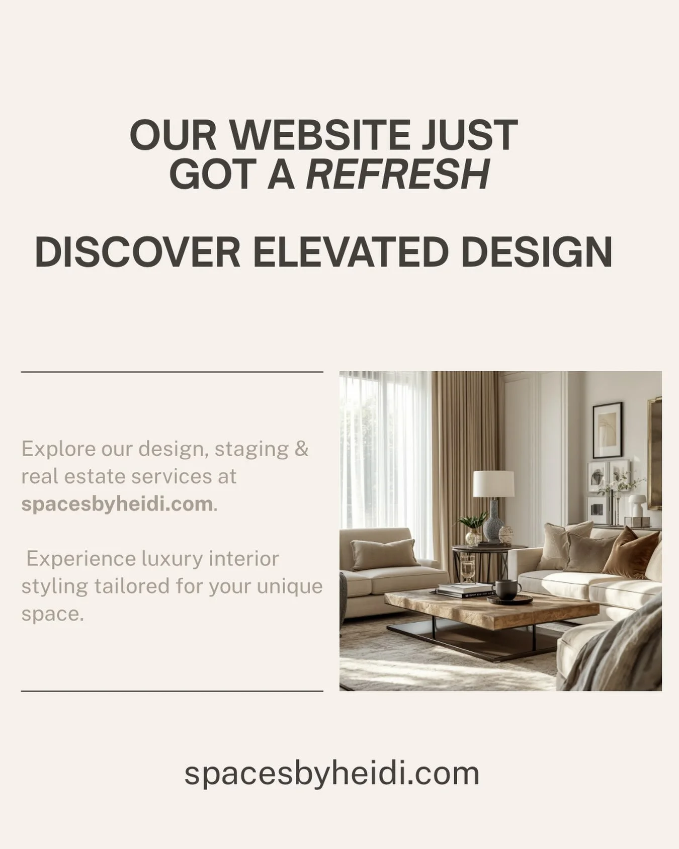 Our website just got a beautiful refresh! ✨

At spacesbyheidi.com you can now explore our design and staging services, browse our latest projects, and get to know how we work, from new construction to remodels to real estate staging.

While you&rsquo