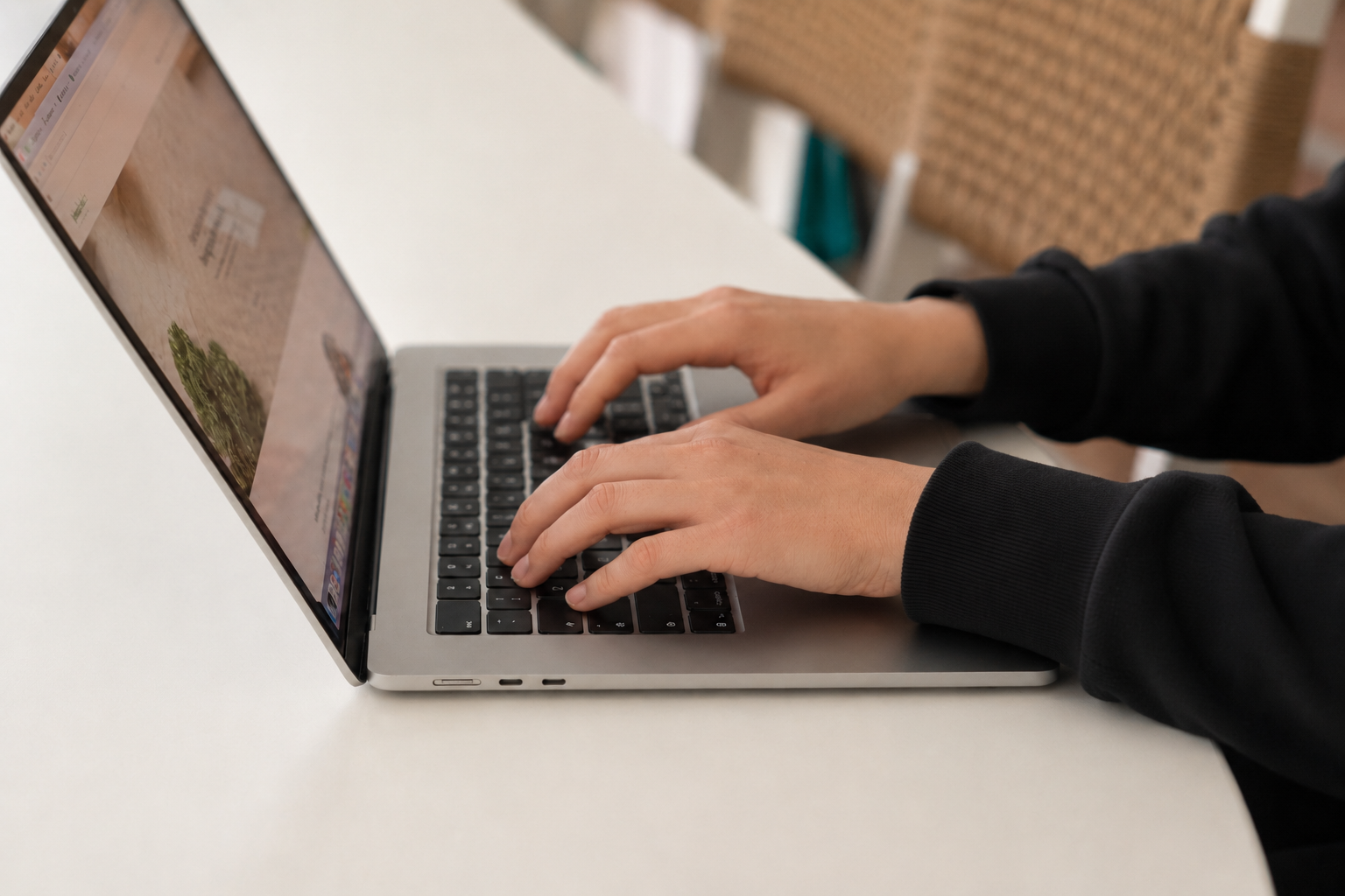Person typing on a laptop with a white surface and woven chairs in the background.