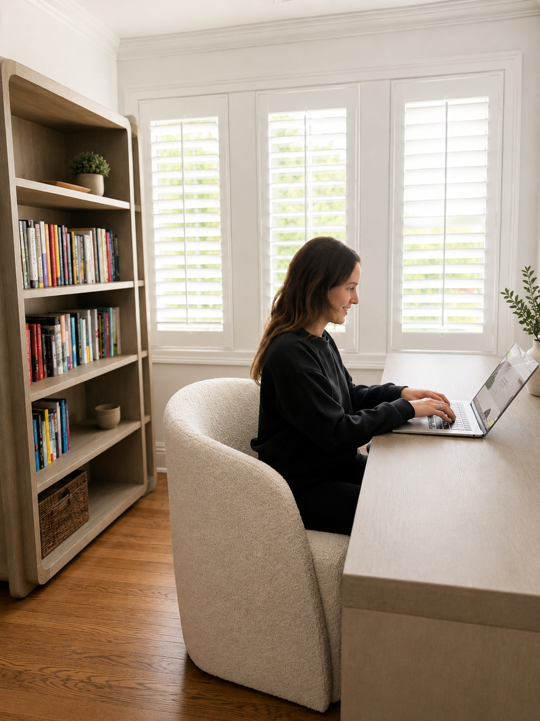 Woman working on a laptop at a wooden desk in a bright room with white walls and plantation shutters.