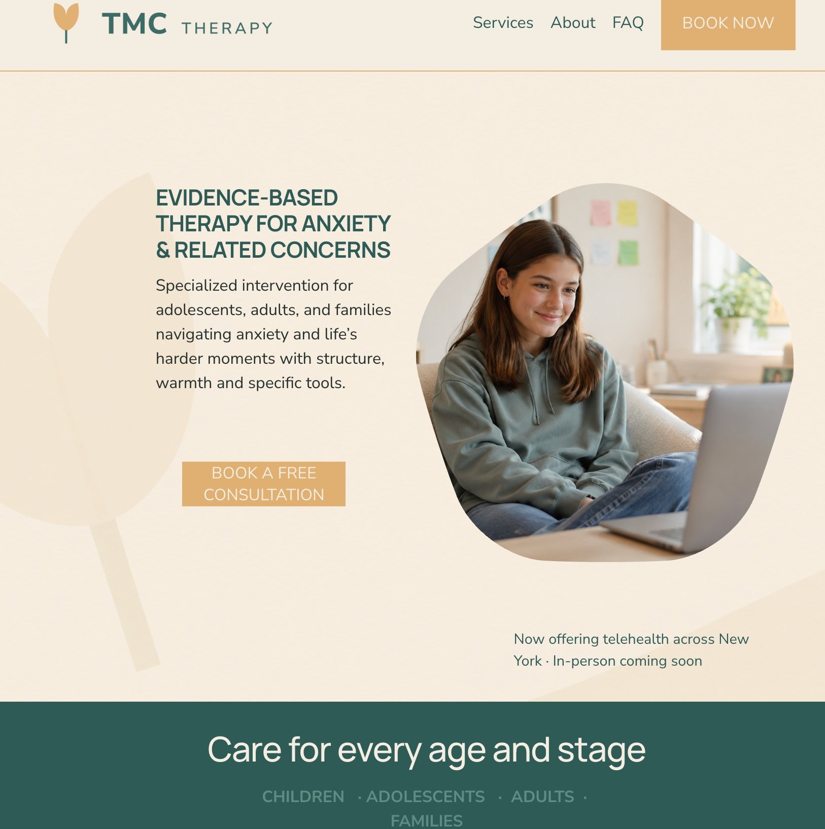 Website homepage for TMC Therapy offering evidence-based therapy for anxiety and related concerns, featuring a smiling young woman using a laptop in a bright room with colorful sticky notes on the wall.