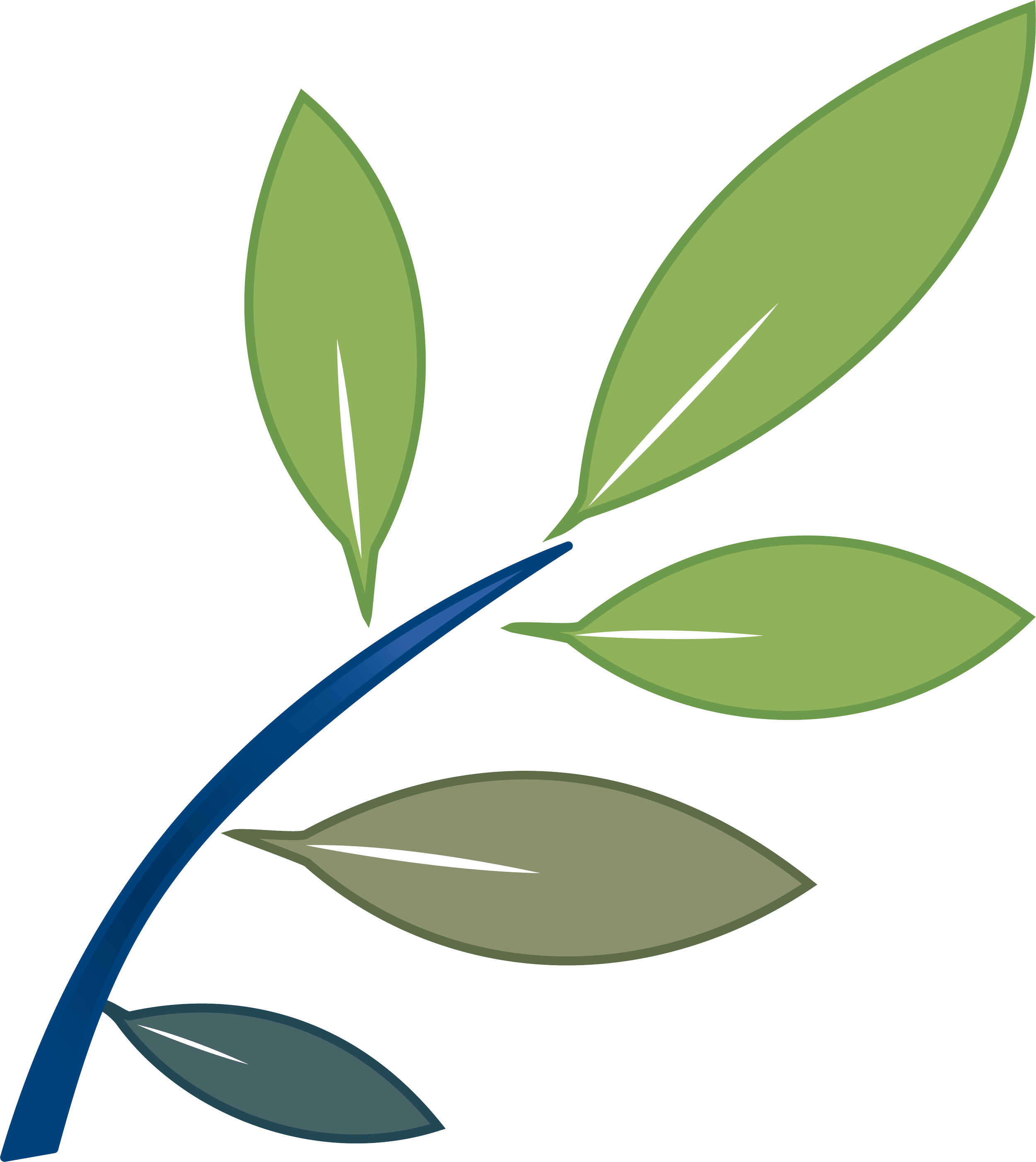 Illustration of a plant with green leaves and a blue stem against a white background.