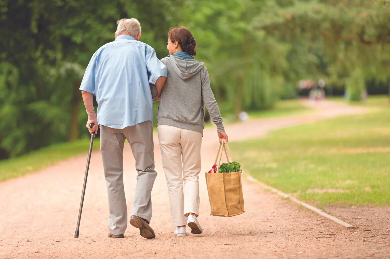 An elderly man with a cane and a woman walk together on a park path surrounded by green trees, carrying a grocery bag filled with vegetables.