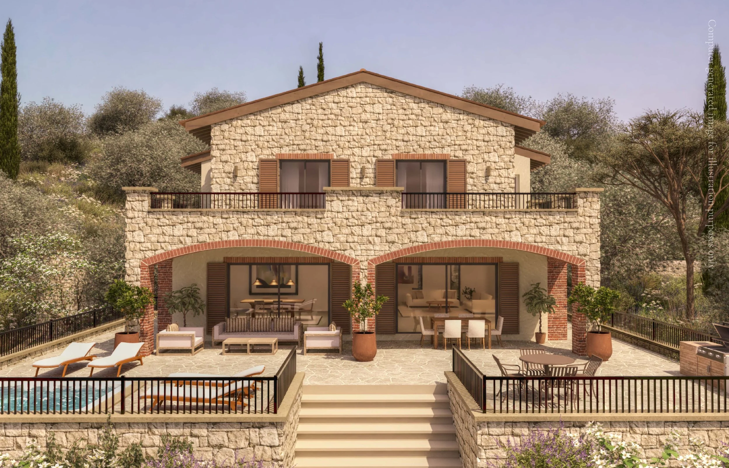 A multi-story house with a stone facade, brown shutters, and a balcony overlooking a patio with outdoor furniture, a swimming pool, and lush greenery.