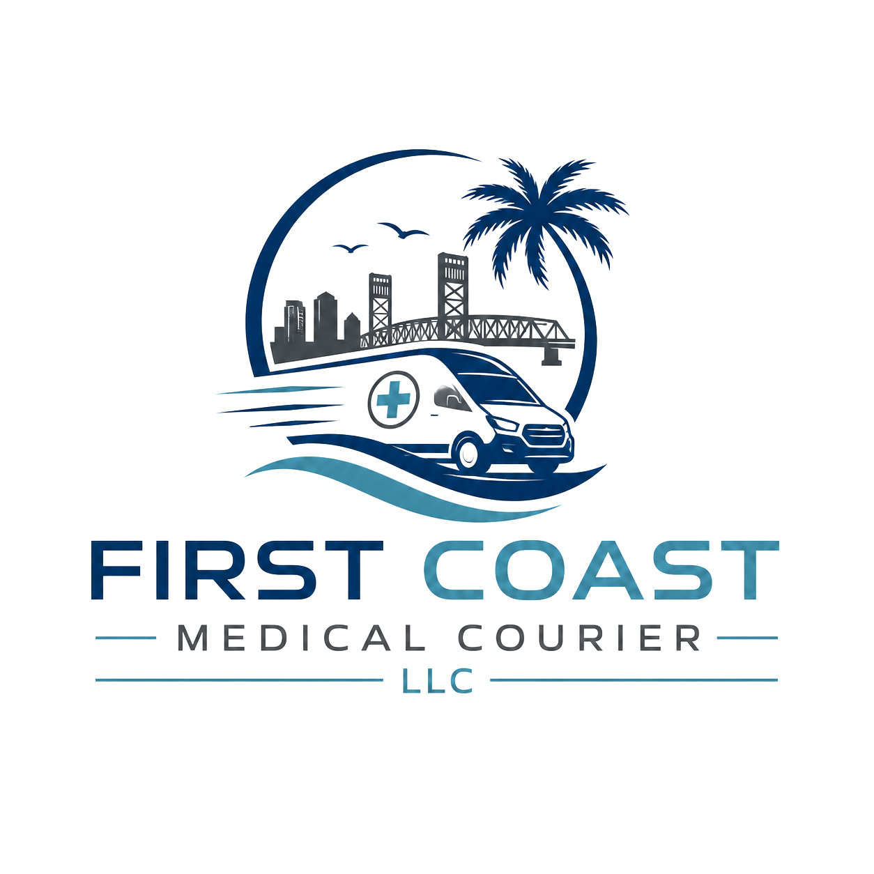 Logo for First Coast Medical Courier LLC with a city skyline, a bridge, a palm tree, and an ambulance with a medical cross symbol.