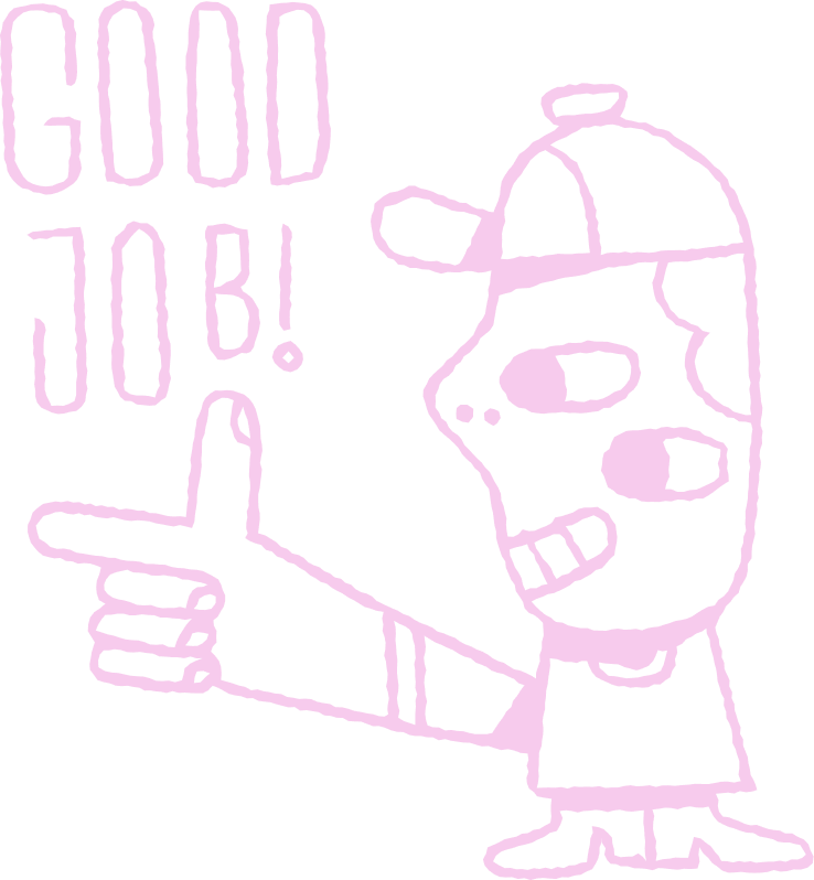 A cartoon character with glasses, a cap, and a big nose, pointing with one hand and giving a thumbs-up with the other, with the caption 'Good Job!' in large purple letters.
