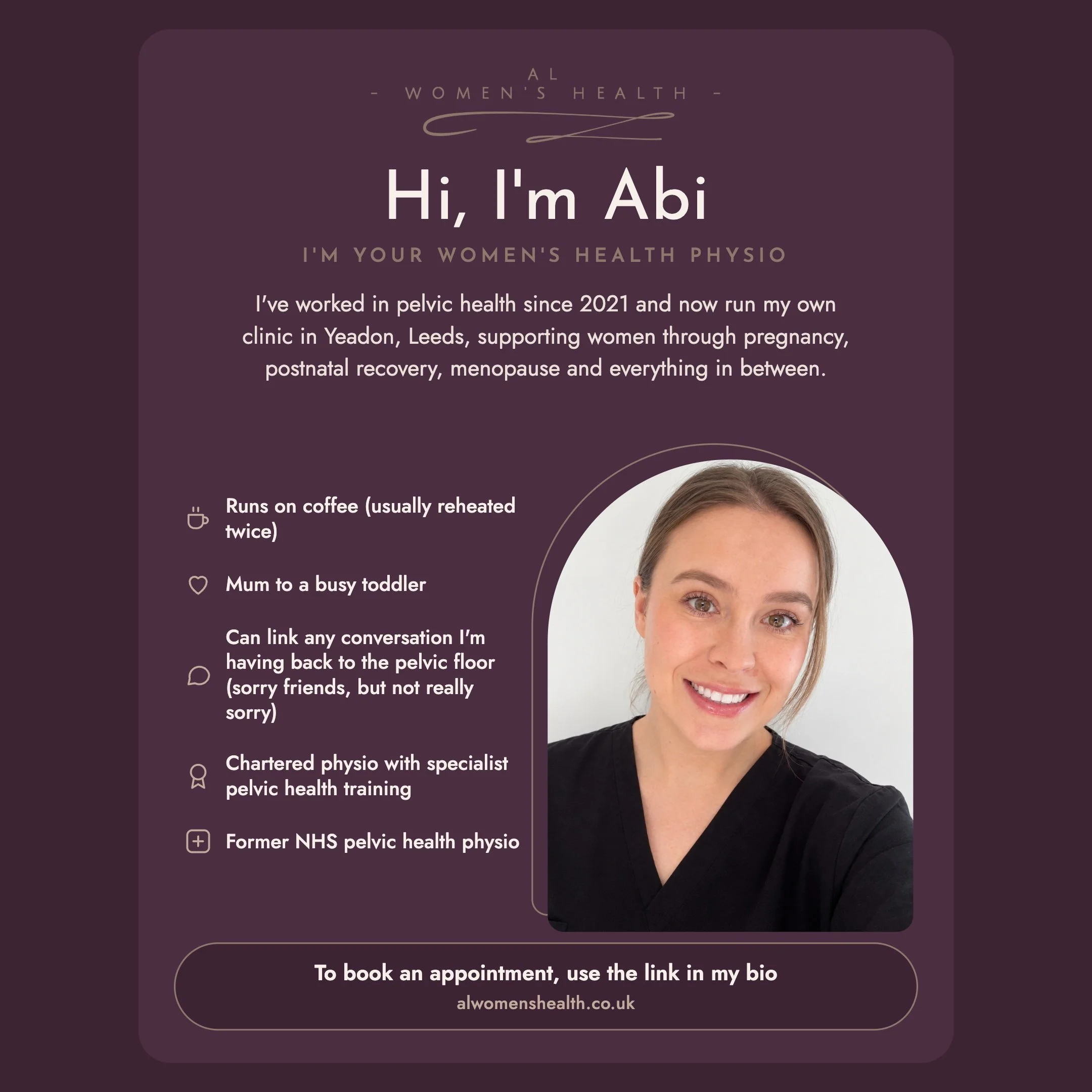 Hi, I&rsquo;m Abi 👋 I realised I&rsquo;ve never actually introduced myself on here.

I&rsquo;m a women&rsquo;s health physio and I&rsquo;ve been working in pelvic health since 2021, including in the NHS. I loved my job, but I always felt like the wo