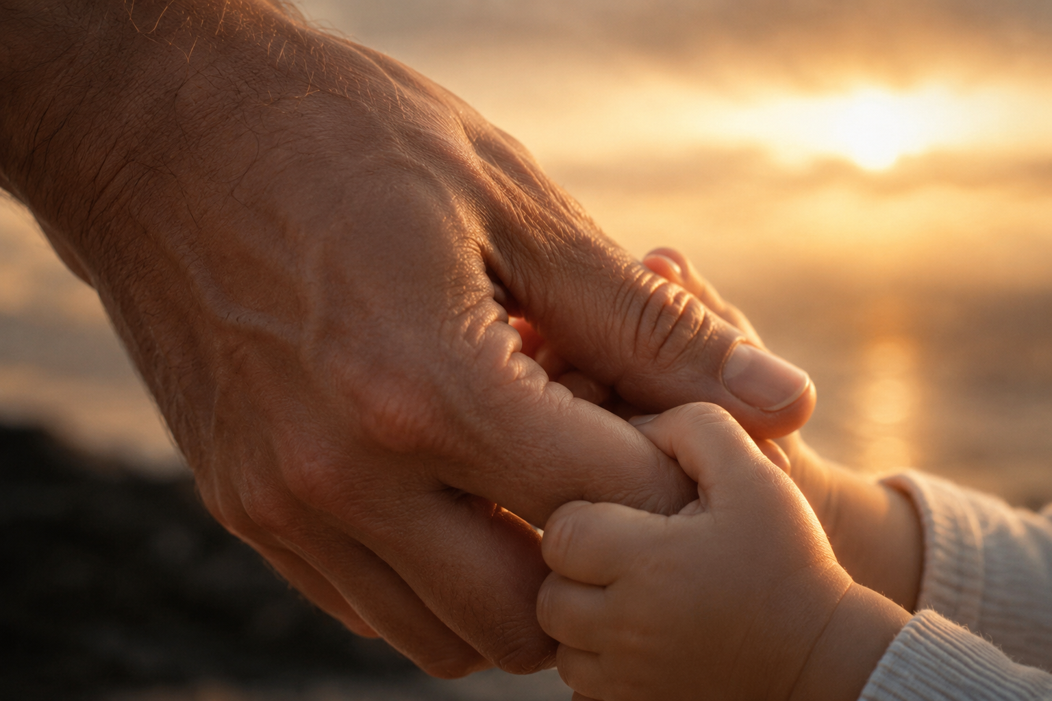 Close-up of an adult's hand gently holding a child's hand at sunset by the water.