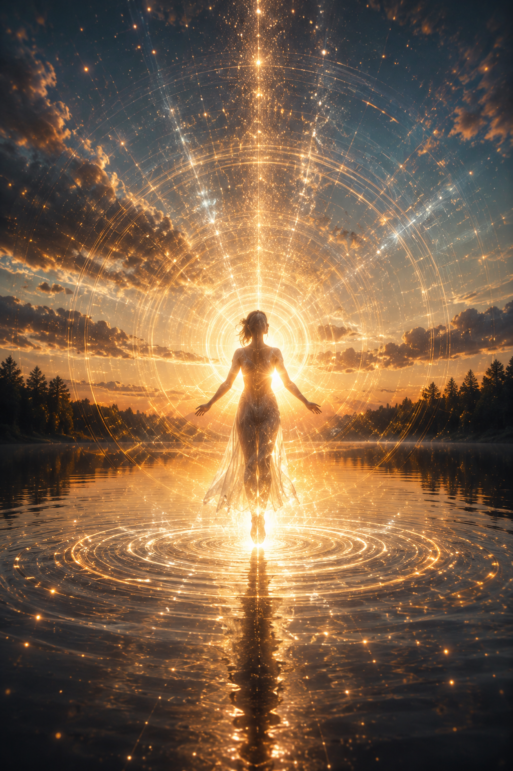 A woman standing in water during sunset surrounded by glowing, mystical light and circular patterns of stars and sparkles.
