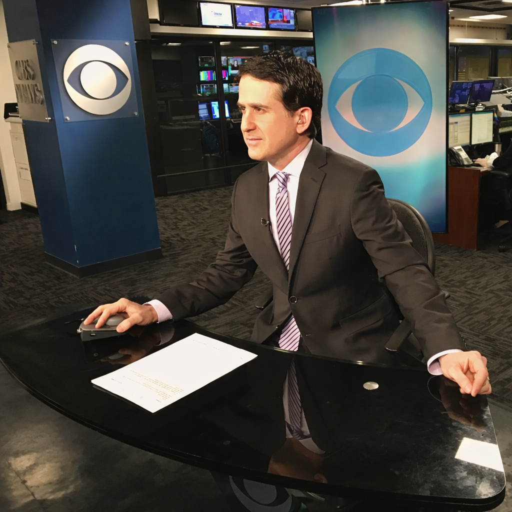 A male news anchor in a suit sitting at a news desk in a newsroom with CBS logos and multiple monitors in the background.