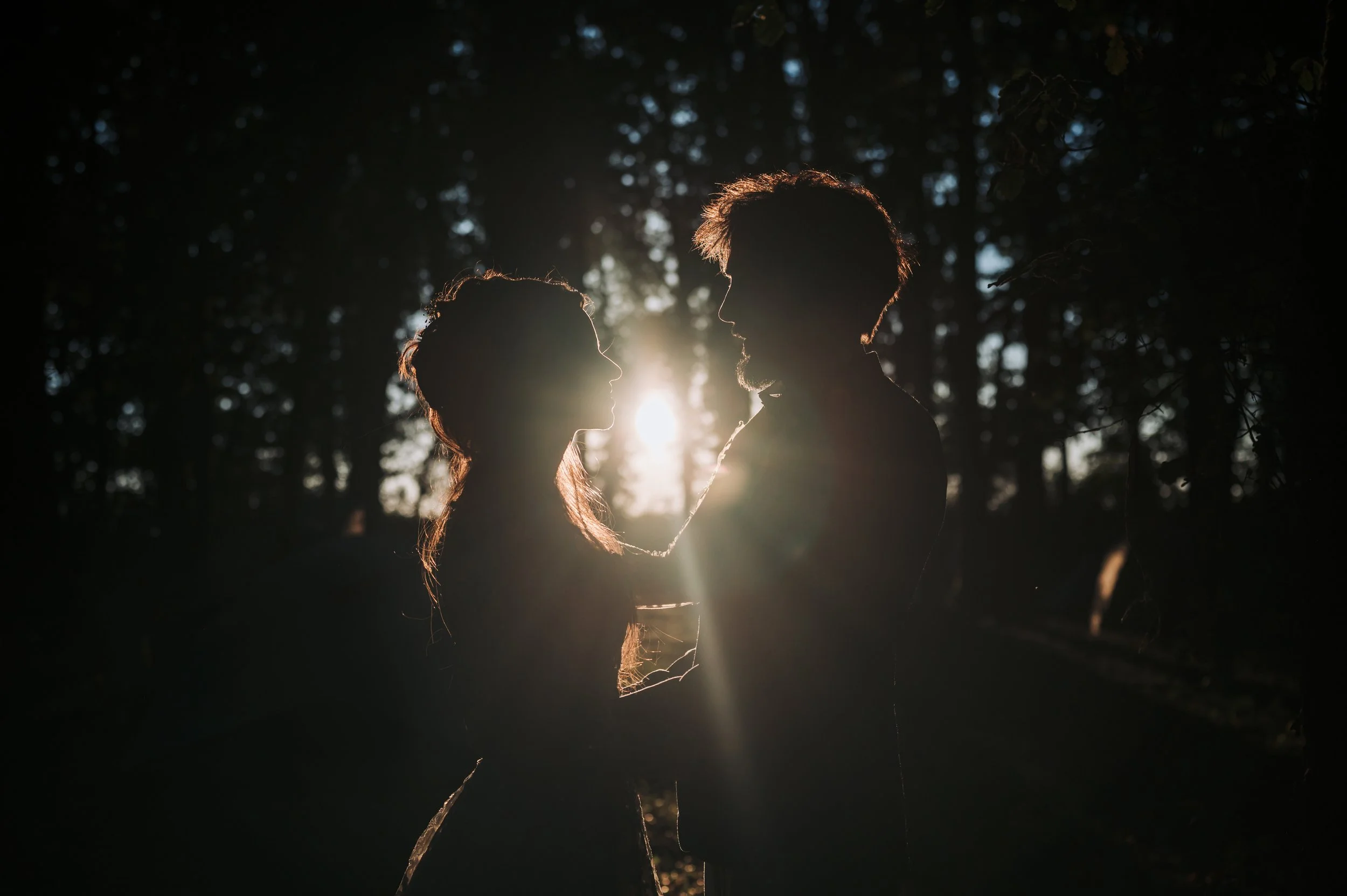 Silhouette d'un homme et d'une femme face à face avec le soleil couchant en arrière-plan, dans un cadre naturel avec des arbres.