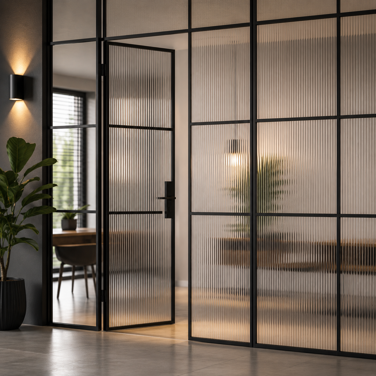 Interior view of a modern office or conference room separated by floor-to-ceiling glass and metal partitions with a textured, ribbed design, and a partially open door. There is a large potted plant with broad leaves near the entrance, and the room contains a wooden table and chairs with a window in the background allowing natural light.