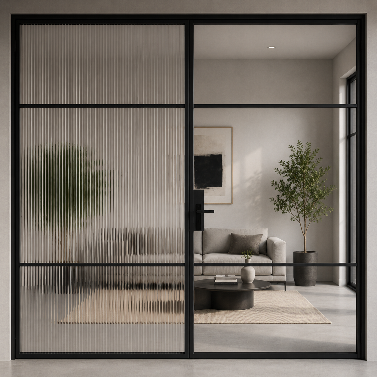 Modern living room seen through a glass sliding door with textured glass on the left and clear glass on the right. Inside, there is a light-colored sofa with pillows, a black coffee table with books and a vase, a large indoor plant in a pot, a framed abstract art piece, and a neutral-toned rug on a light floor.