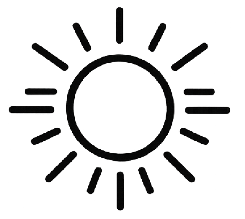 A black and white illustration of a sun with a circular center and elongated rays radiating outward.