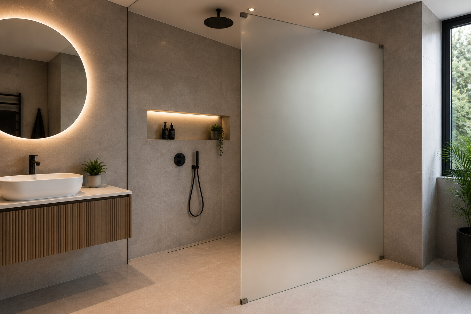 Modern bathroom with beige tiles, circular mirror with backlit lighting above a white vessel sink, black faucet, wooden vanity, frosted glass shower partition, black shower fixtures, built-in niche with black bottles and potted plant, large window with greenery outside, potted plant in corner.