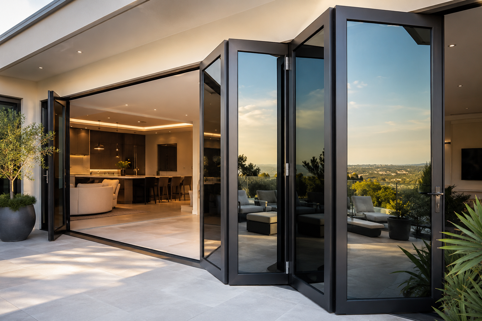 Modern house with large glass sliding doors opening to patio with outdoor seating and cityscape view.