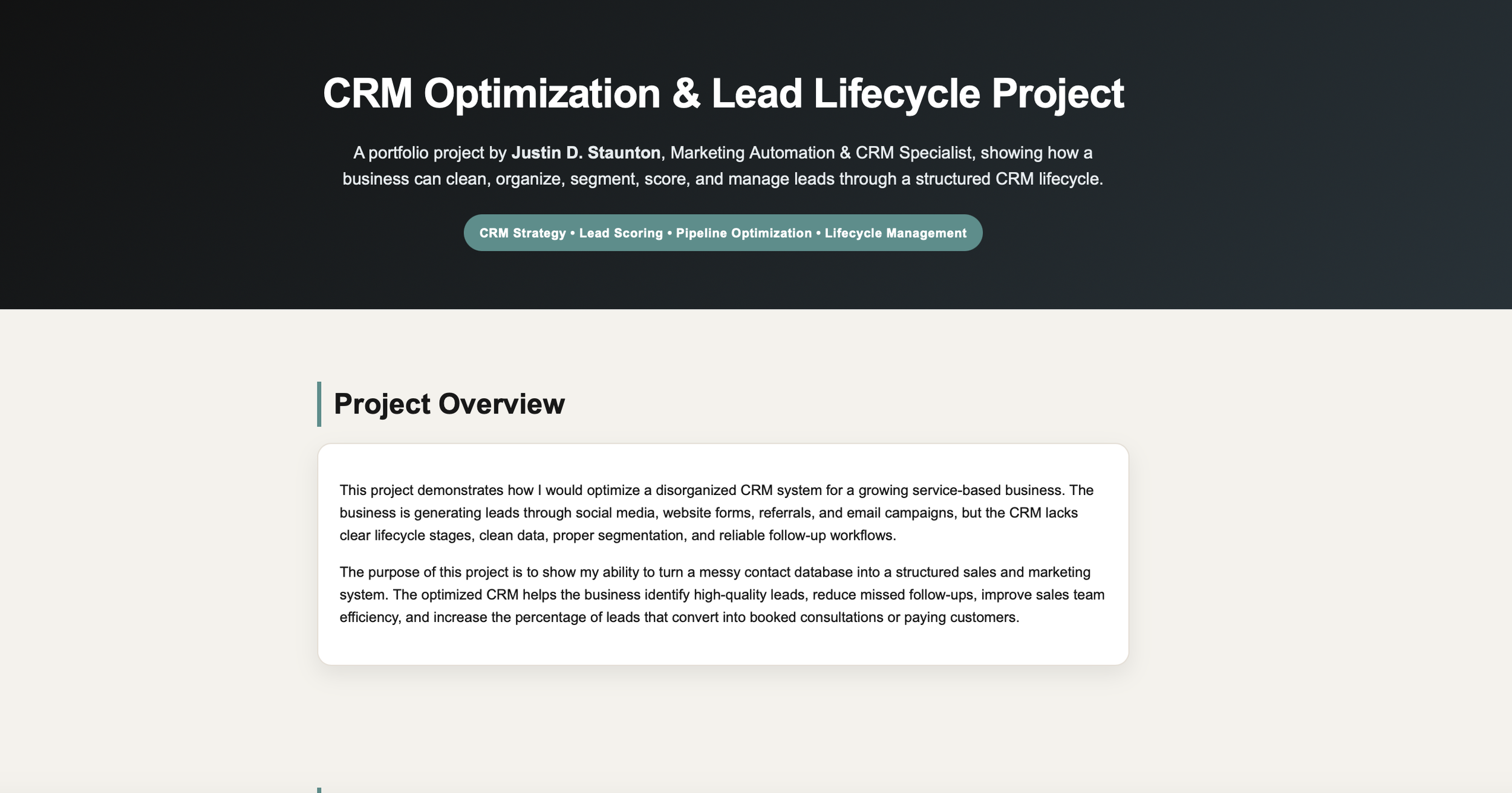 A webpage with a dark header titled "CRM Optimization & Lead Lifecycle Project," followed by text describing a portfolio project by Justin D. Staunton focused on CRM system optimization for a service-based business, highlighting project goals and workflow improvements.