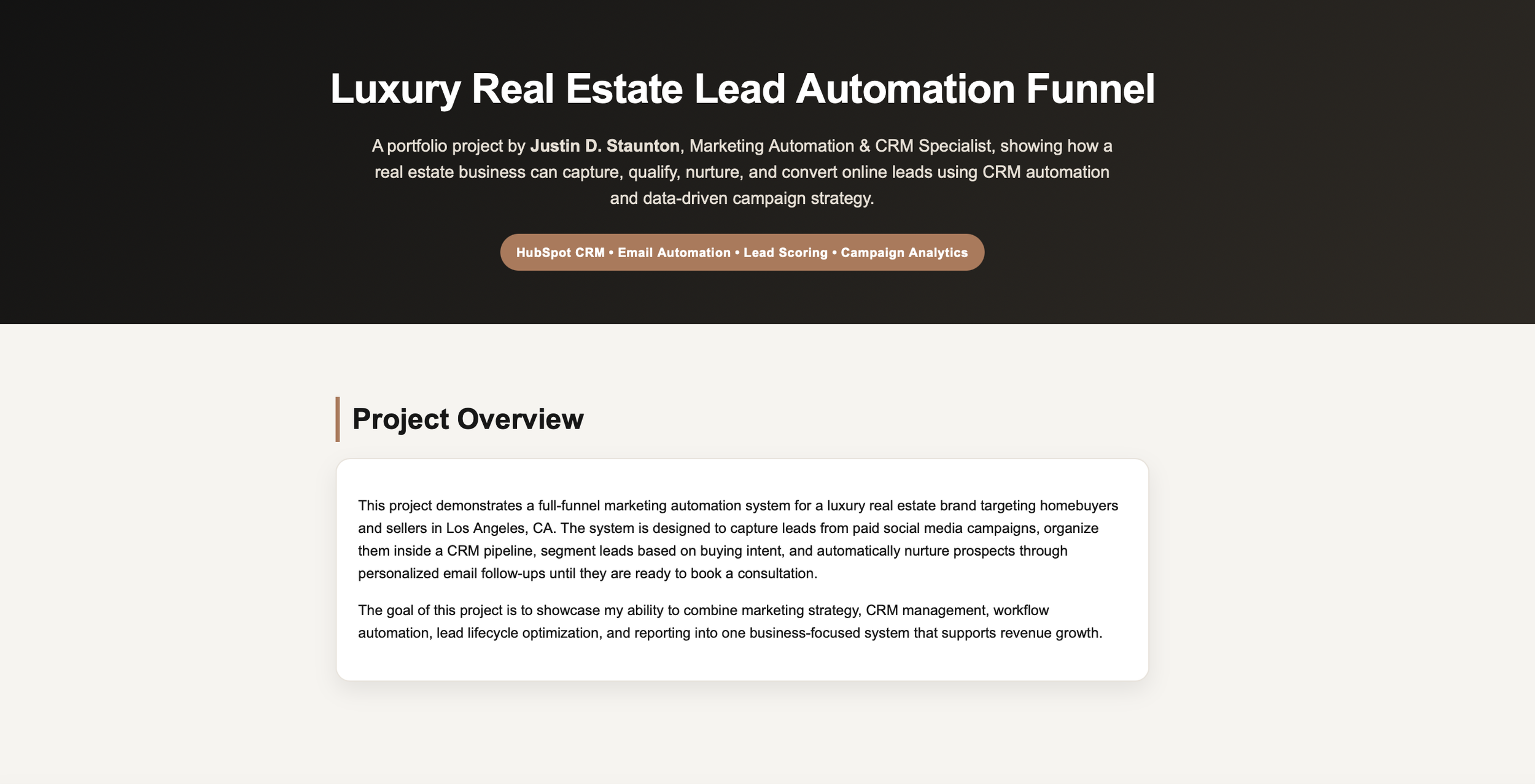 Screenshot of a website titled "Luxury Real Estate Lead Automation Funnel" by Justin D. Staunton, showing the project overview section explaining a full-funnel marketing automation system for luxury real estate marketing in Los Angeles, CA.