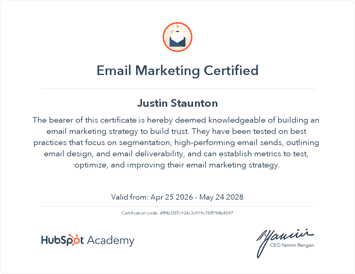 Email marketing certification from HubSpot Academy awarded to Justin Staunton, signed by CEO Yamini Rangan.
