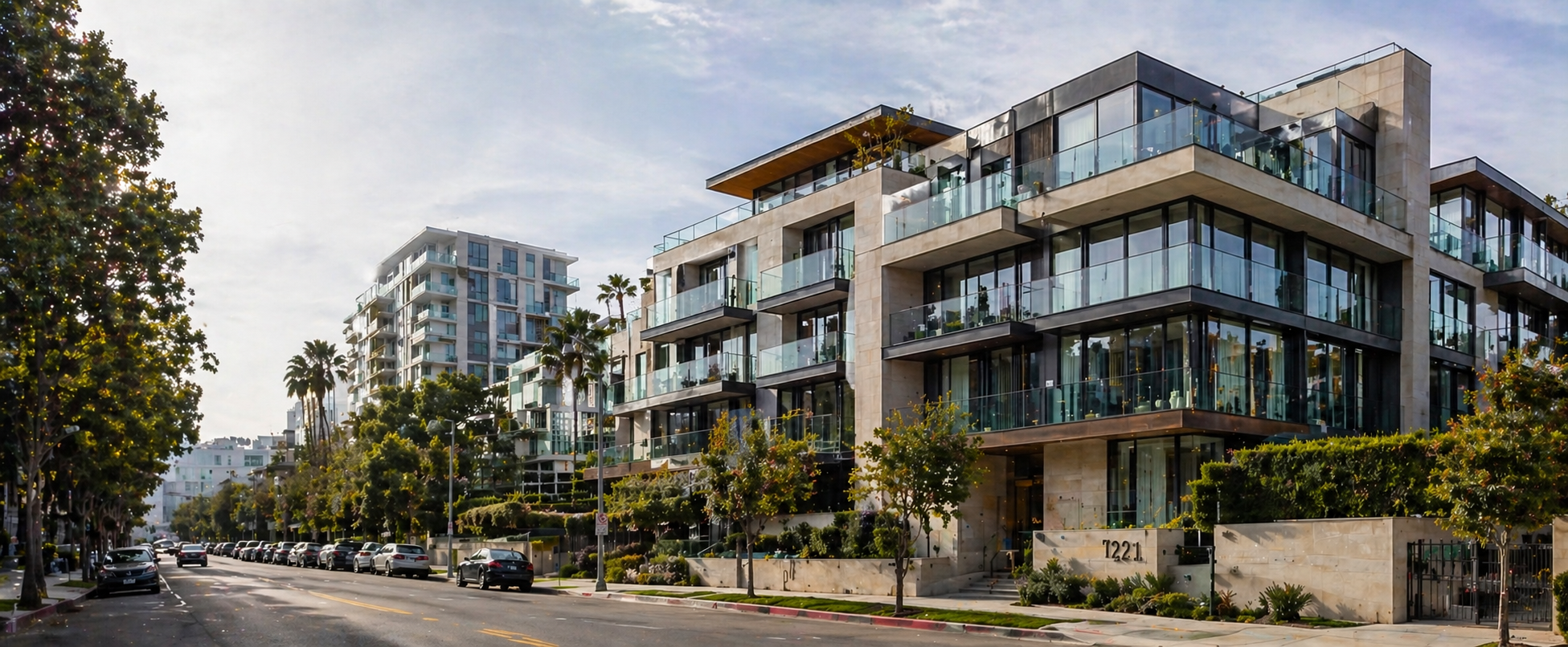 Modern multi-story apartment buildings with glass balconies along a tree-lined street in an urban setting.