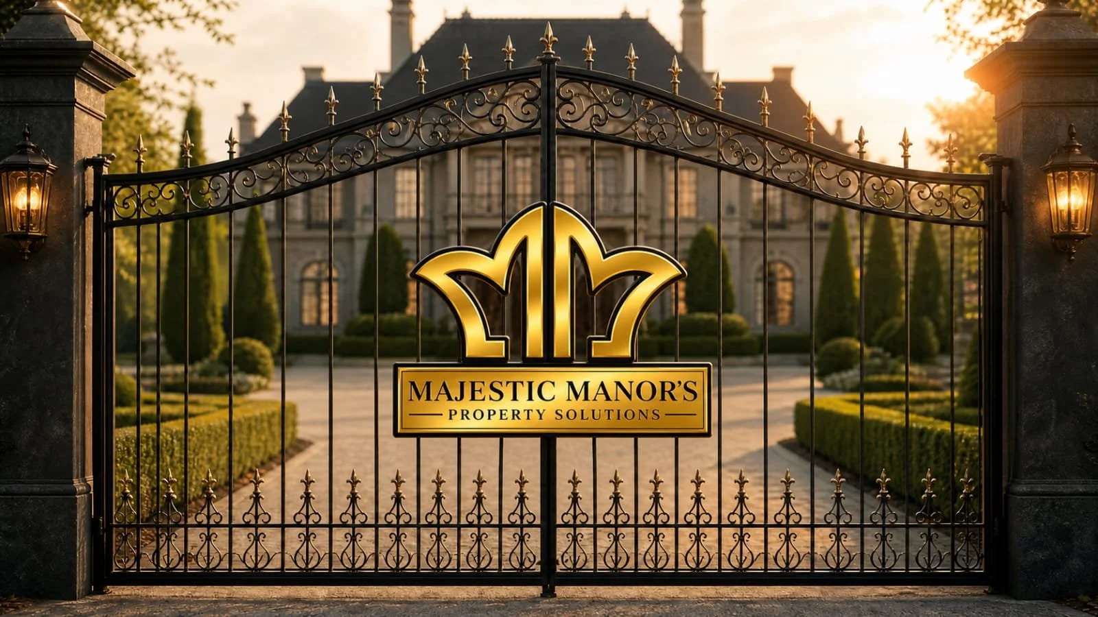 Gated entrance to Majestic Manor with a gold and black logo featuring a crown and the text "Majestic Manor's Property Solutions" in front of a grand mansion and landscaped gardens at sunset.