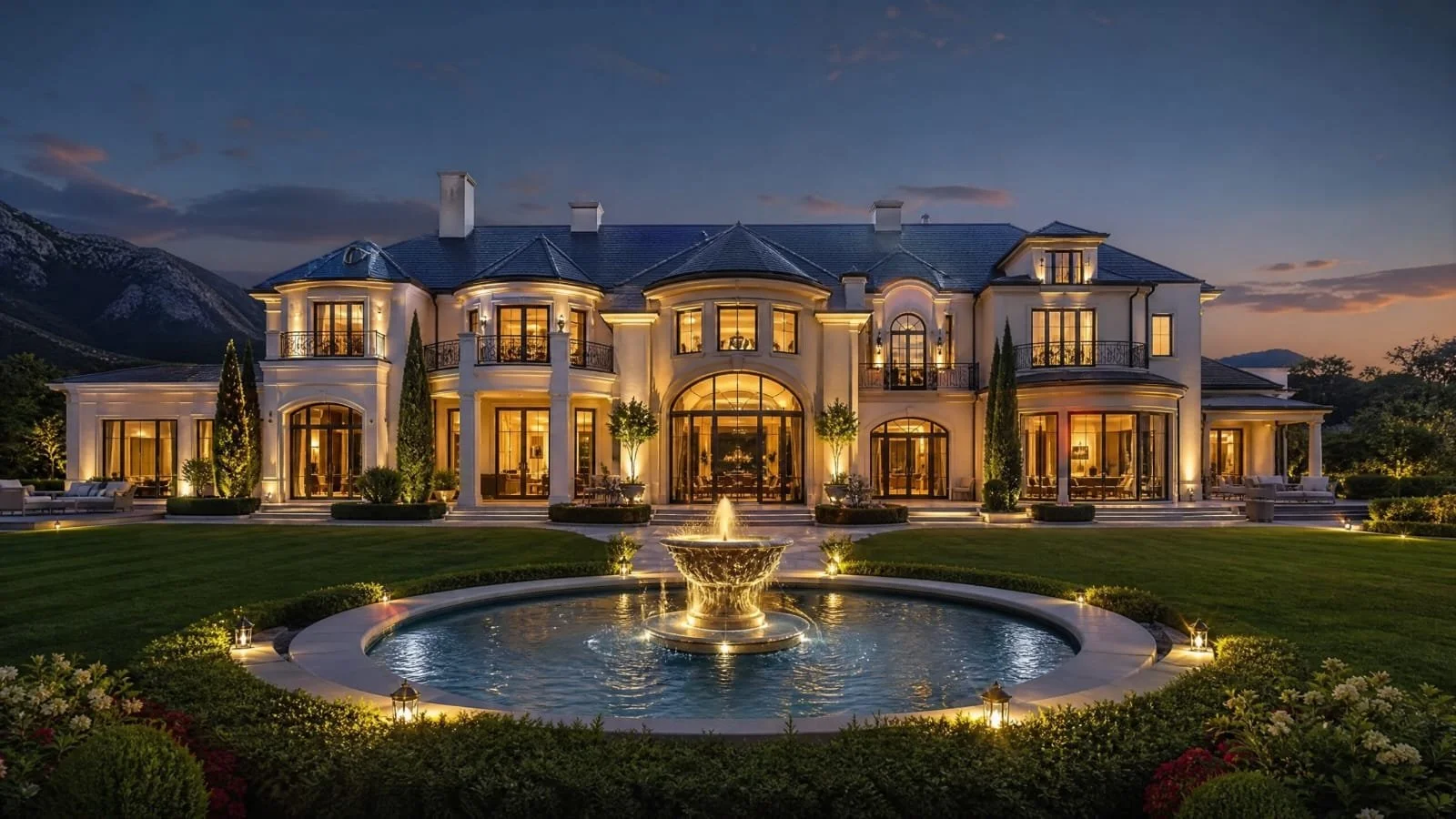 A large luxurious mansion illuminated at dusk, with a fountain in the front yard, surrounded by manicured lawn and garden, and mountains in the background.